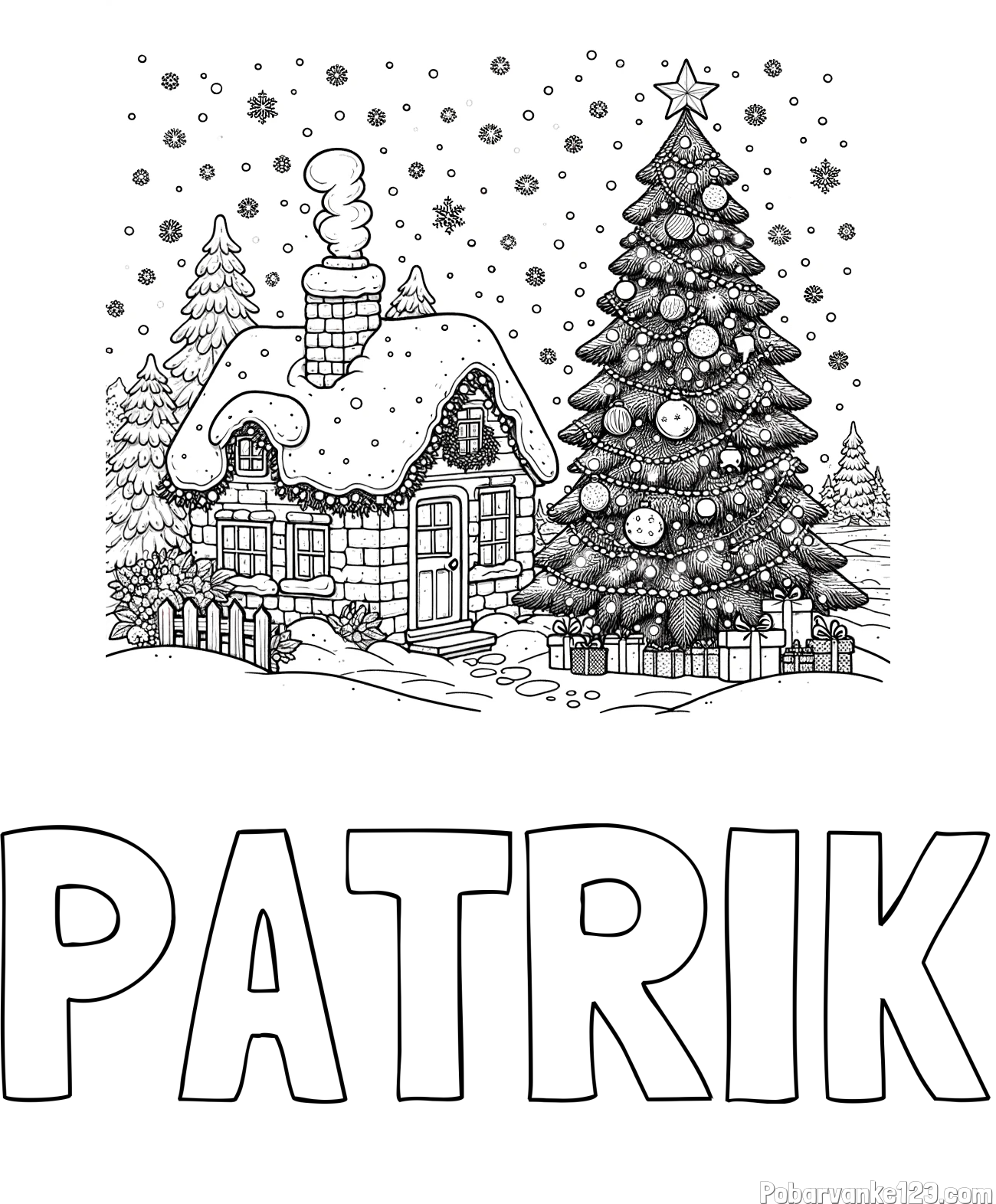 Pobarvanka imena PATRIK in pobarvanka zasnežene hiške na božično noč