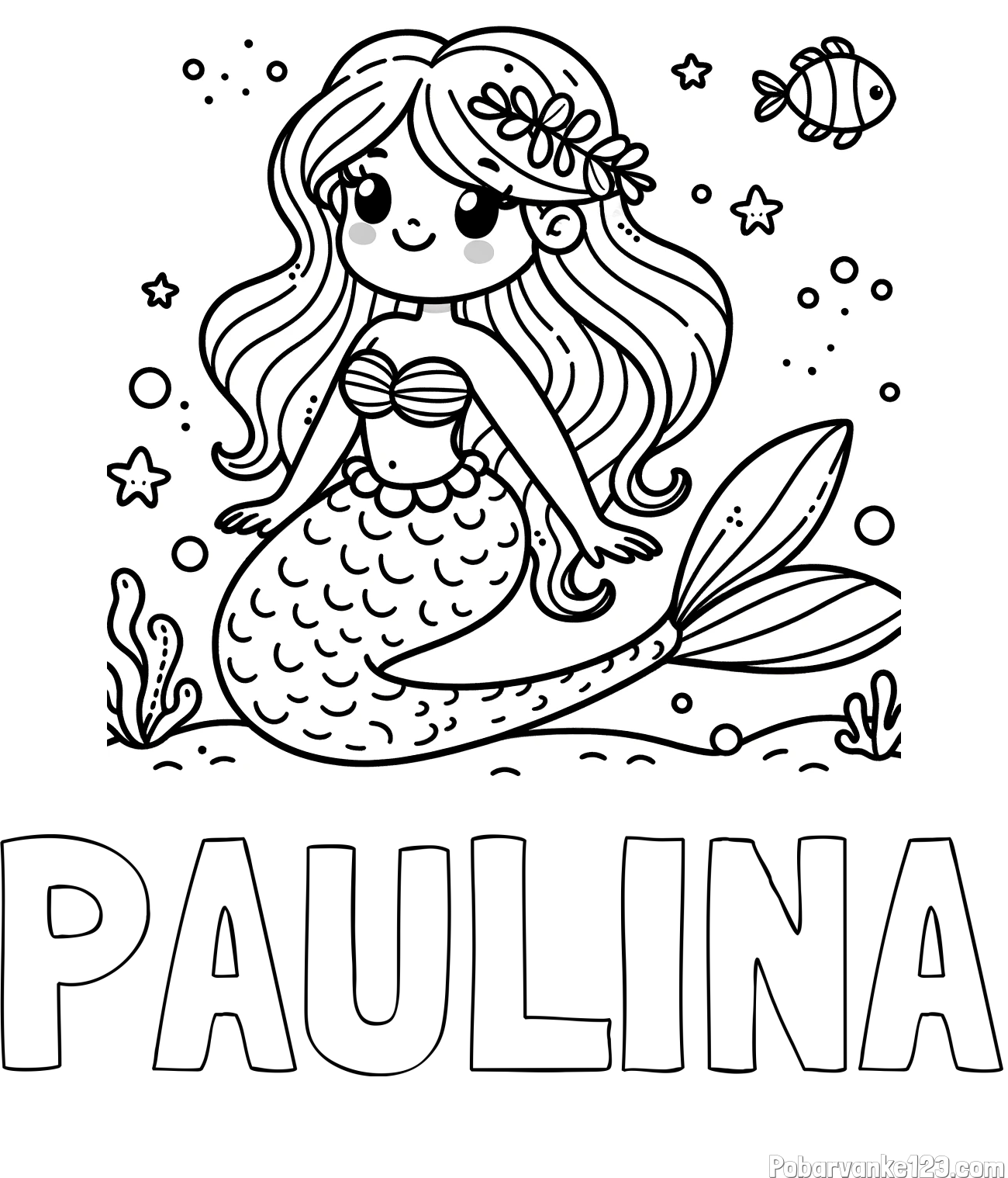 Pobarvanka imena PAULINA in pobarvanka ljubke morske deklice v morju