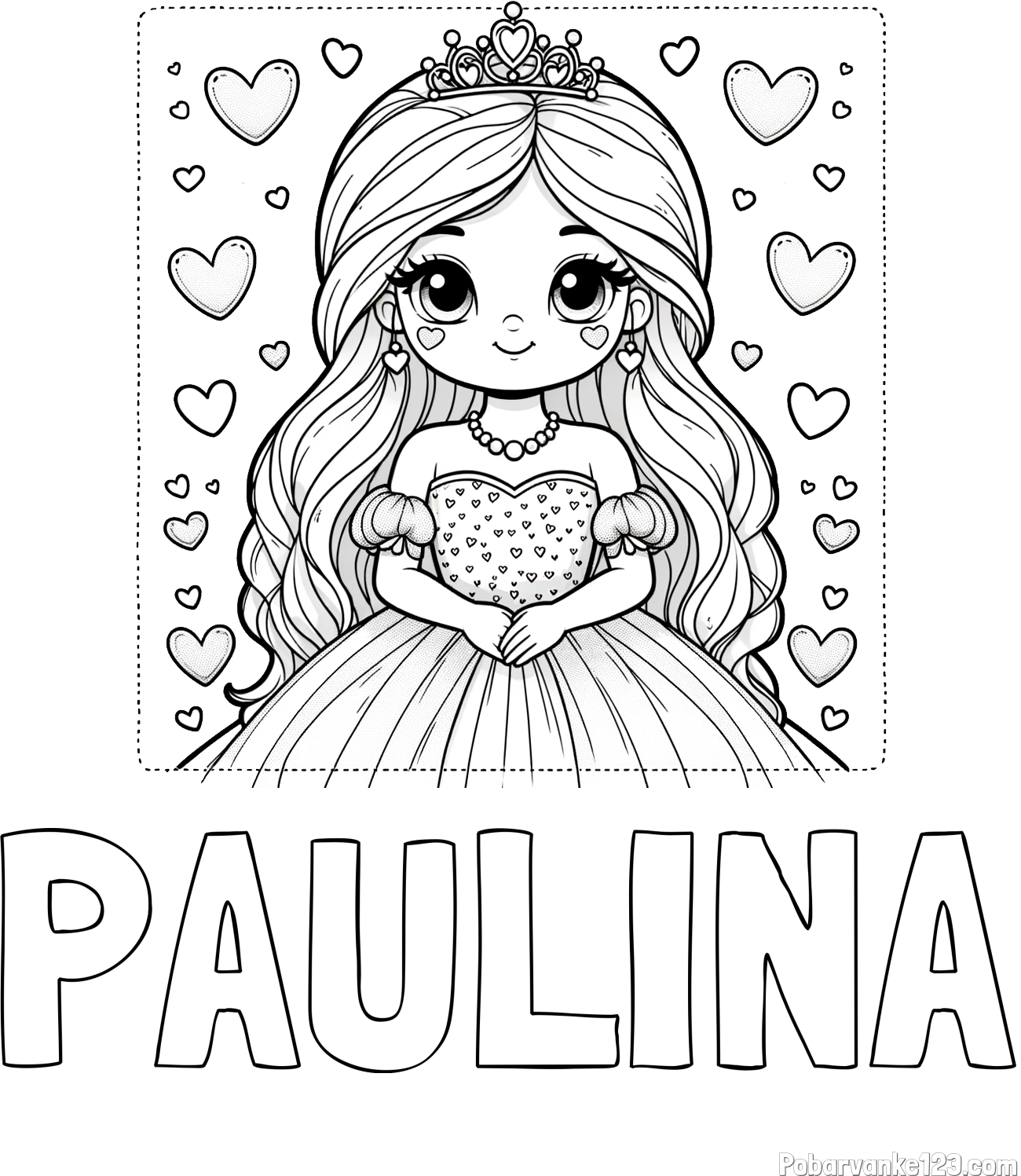 Pobarvanka imena PAULINA in pobarvanka ljubke princese obdane s srčki