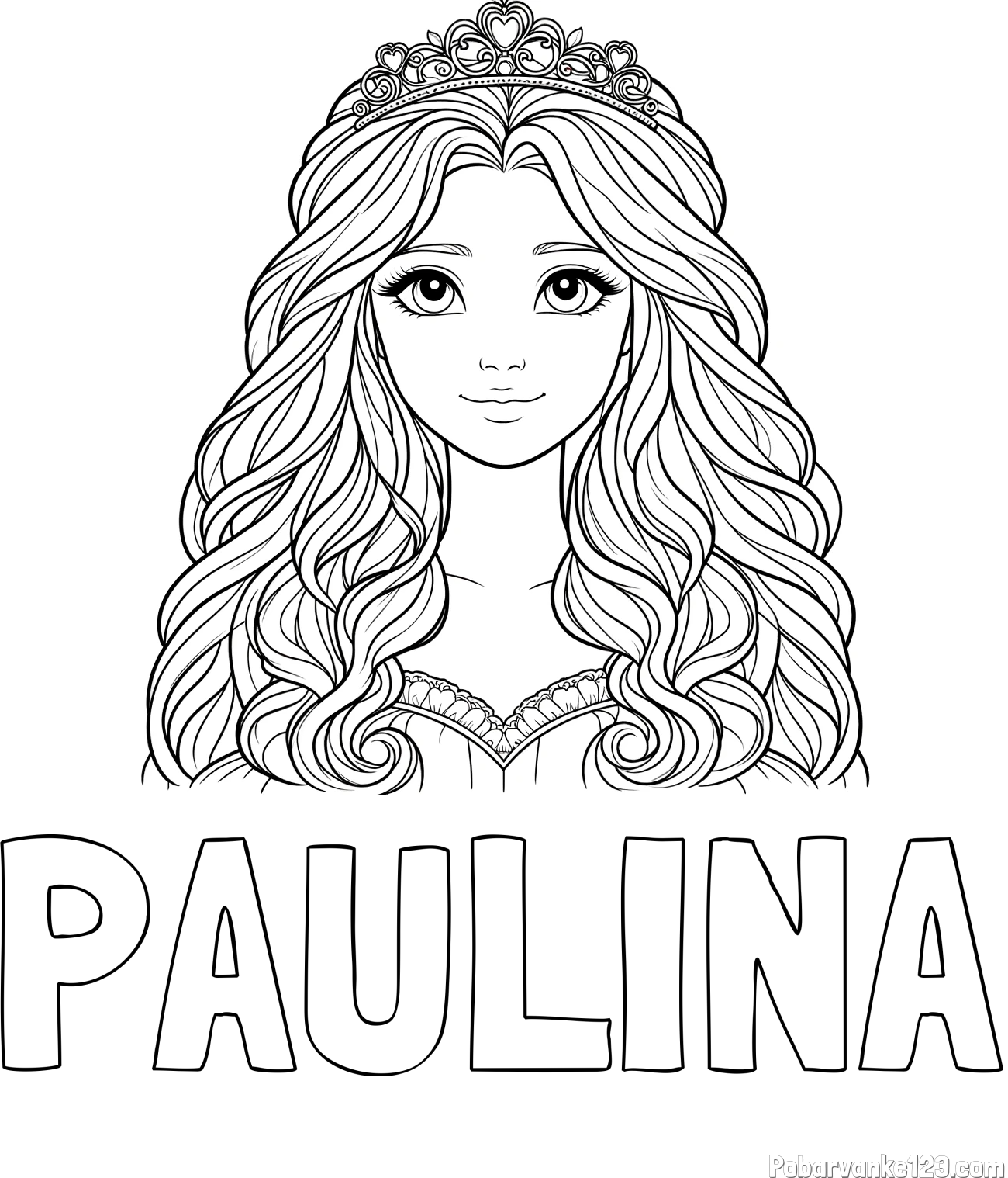 Pobarvanka imena PAULINA in pobarvanka ljubke princese z bujnimi lasmi