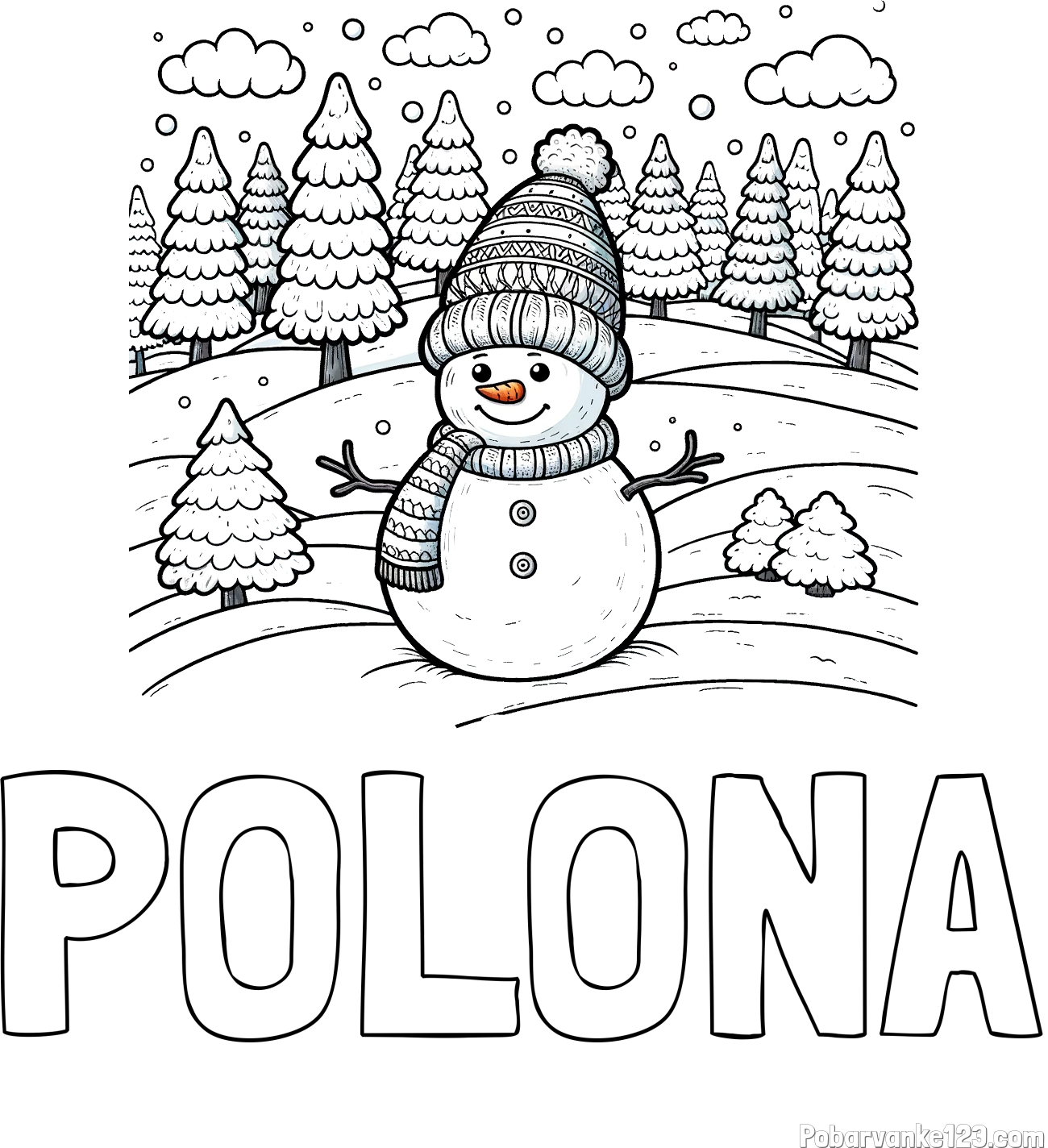 Pobarvanka imena POLONA in pobarvanka snežaka v naravi obdanega z zasneženimi smrekami