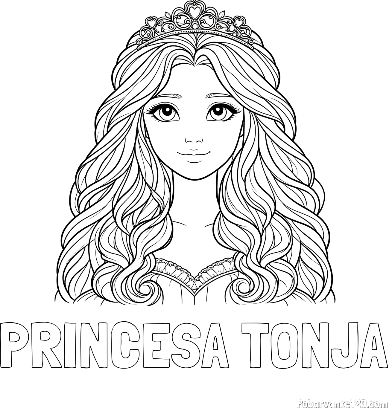 Pobarvanka imena PRINCESA TONJA in pobarvanka ljubke princese z bujnimi lasmi