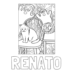 Online izdelana pobarvanka - Pobarvanka imena RENATO in pobarvanka mačke, duhcev ter velike nasmejane buče za noč čarovnic