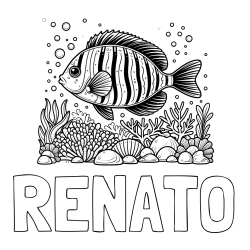 Online izdelana pobarvanka - Pobarvanka imena RENATO in pobarvanka ribe v morju med koralami