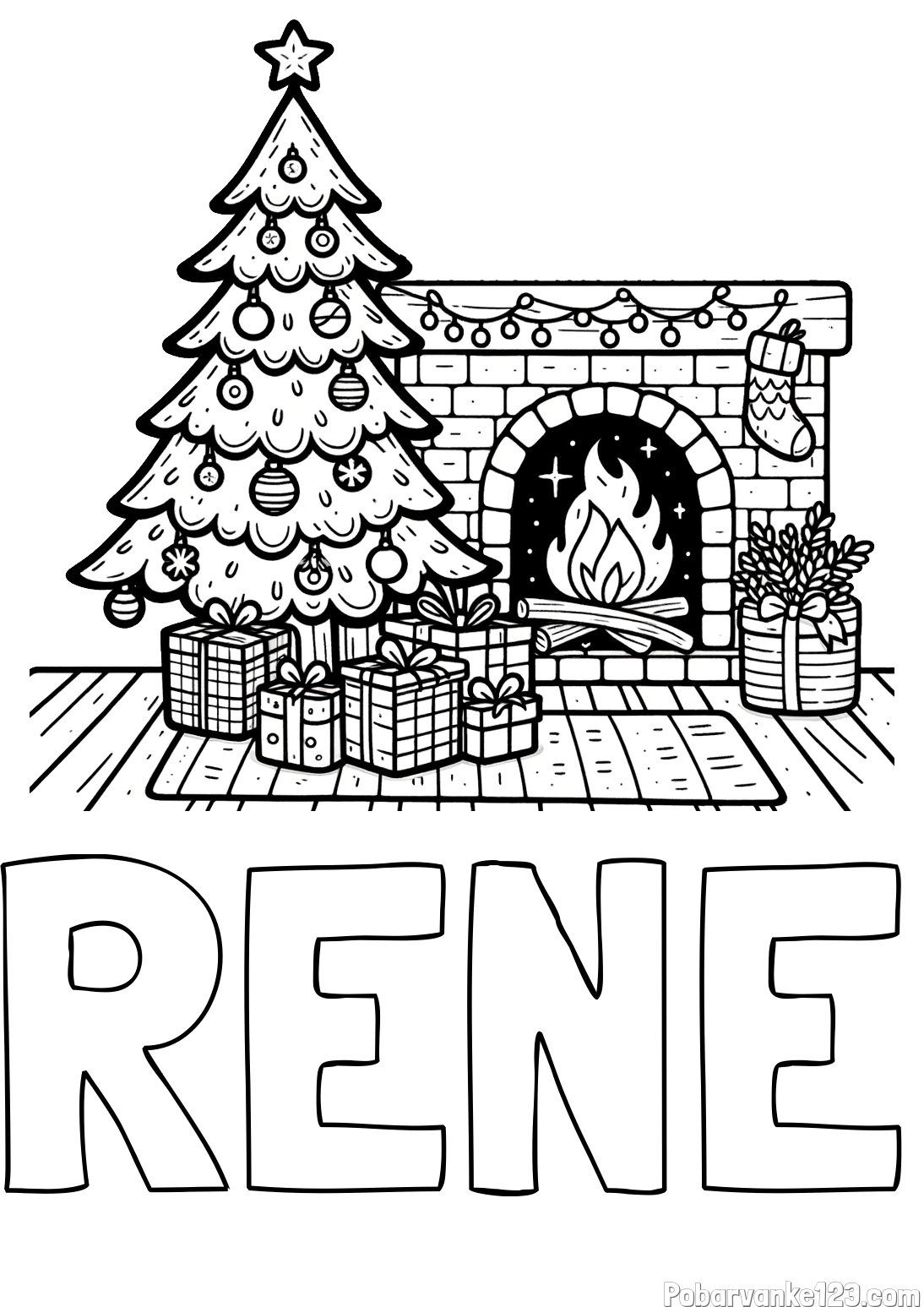 Pobarvanka imena RENE in pobarvanka božične noči z božično smrečico, darili ter kaminom