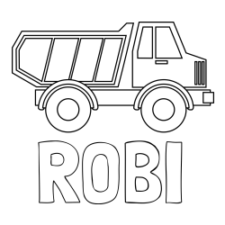 Online izdelana pobarvanka - Pobarvanka imena ROBI in otroška pobarvanka tovornjaka za prevoz smeti in drugega tovora
