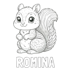 Online izdelana pobarvanka - Pobarvanka imena ROMINA in pobarvanka ljubke in nasmejane veverice