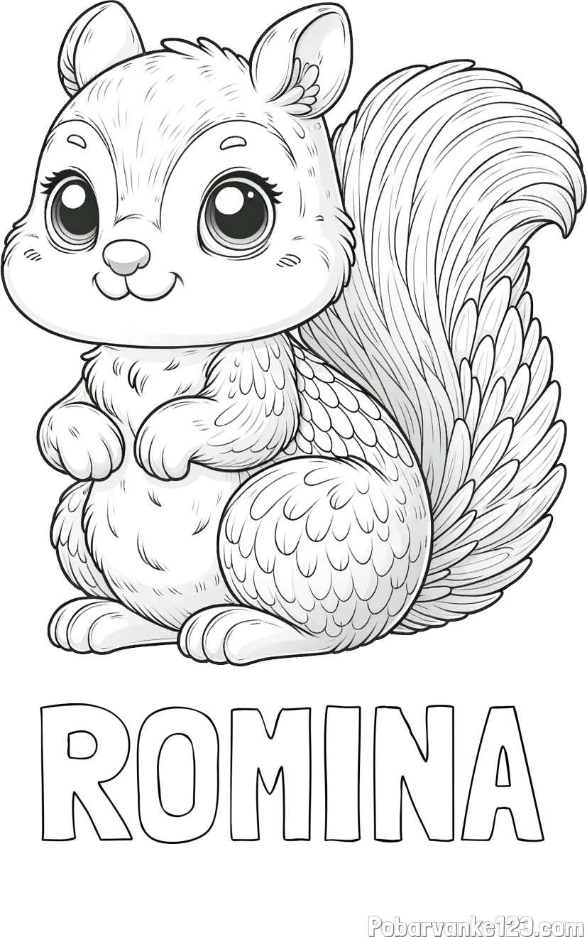 Pobarvanka imena ROMINA in pobarvanka ljubke in nasmejane veverice