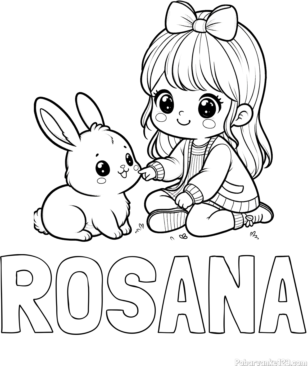 Pobarvanka imena ROSANA in pobarvanka ljubke punčke, ki se igra z zajčkom