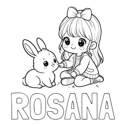 Online izdelana pobarvanka - Pobarvanka imena ROSANA in pobarvanka ljubke punčke, ki se igra z zajčkom