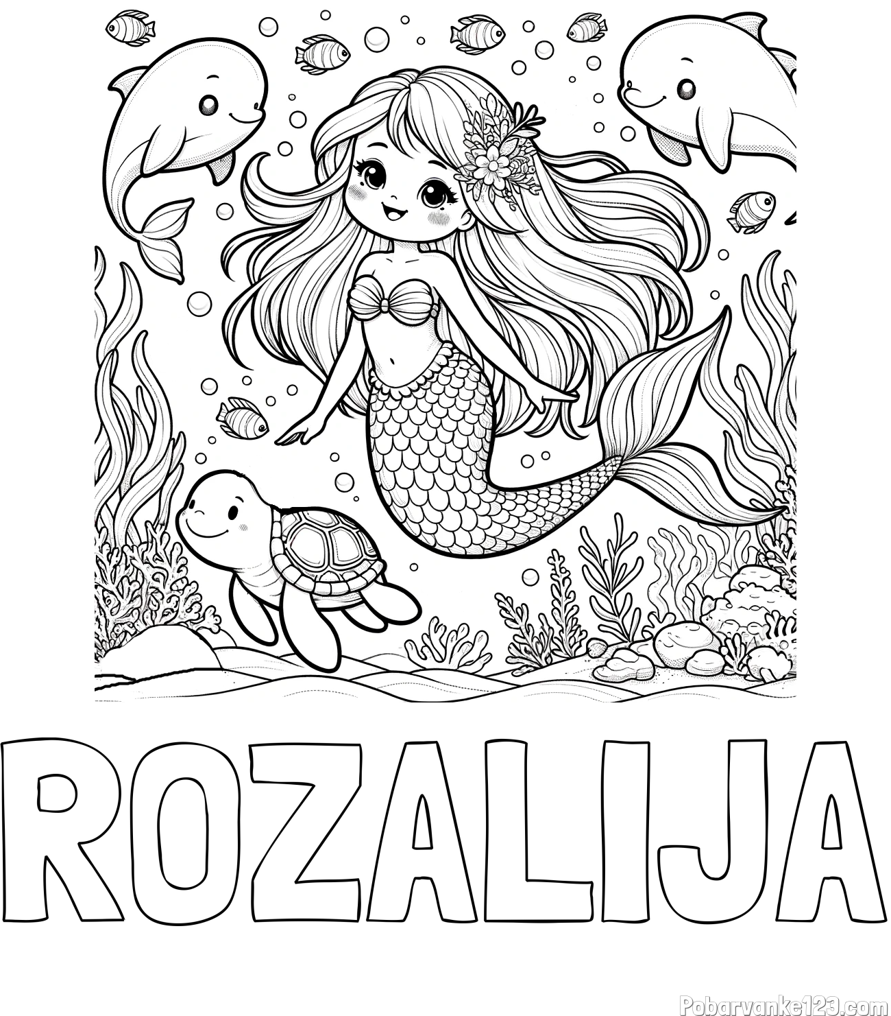 Pobarvanka imena ROZALIJA in pobarvana ljubke morske deklice s prijatelji