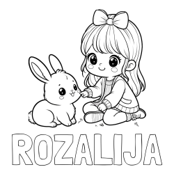Online izdelana pobarvanka - Pobarvanka imena ROZALIJA in pobarvanka ljubke punčke, ki se igra z zajčkom