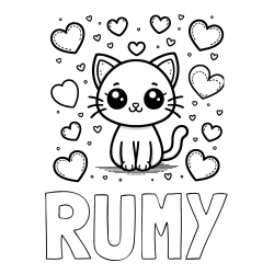 Online izdelana pobarvanka - Pobarvanka imena RUMY in pobarvanka ljubke mucke obdane z veliko srčki
