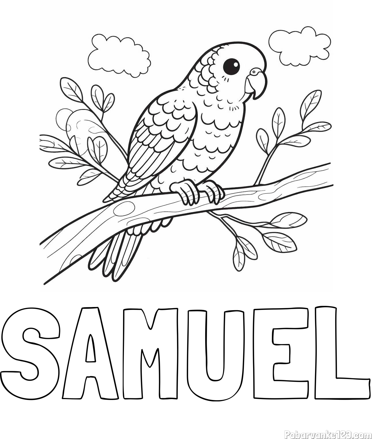 Pobarvanka imena SAMUEL in pobarvanka ljubkega kanarčka na veji
