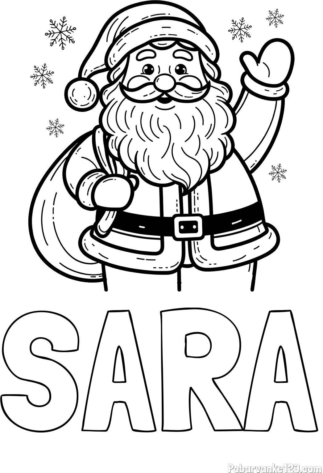 Pobarvanka imena SARA in pobarvanka nasmejanega Božička s polno vrečo daril