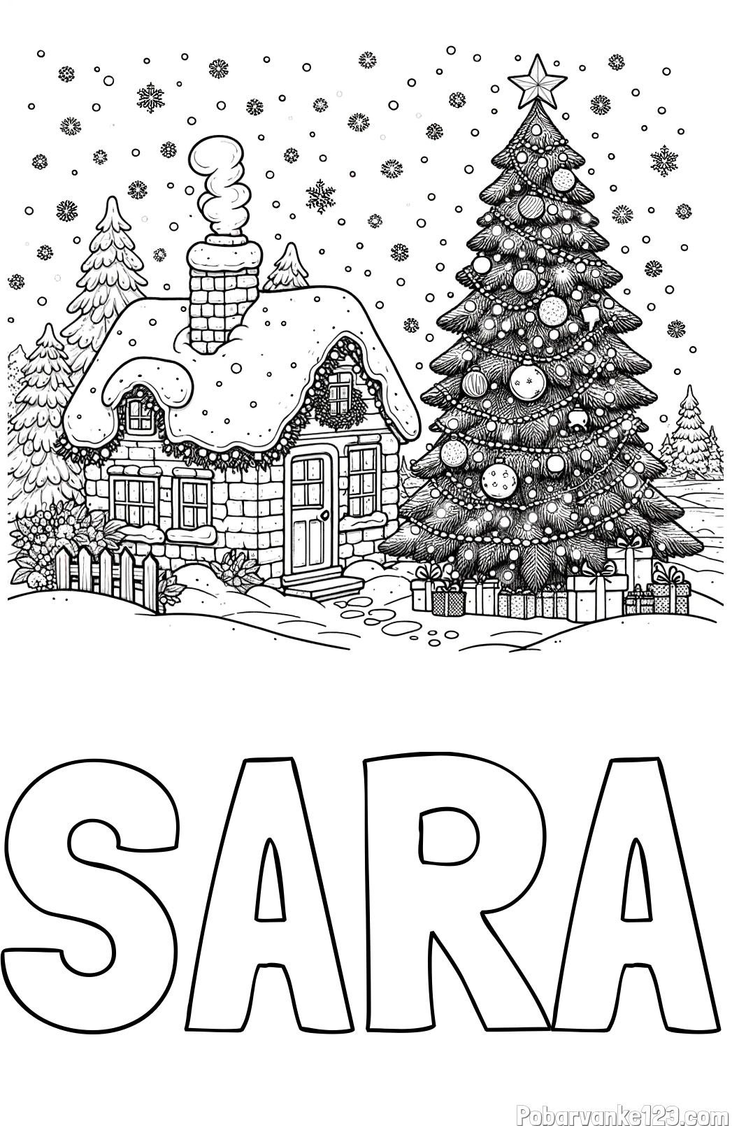 Pobarvanka imena SARA in pobarvanka zasnežene hiške na božično noč