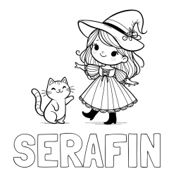 Online izdelana pobarvanka - Pobarvanka imena SERAFIN in pobarvanka ljubke čarovnice ter podrednega mačka