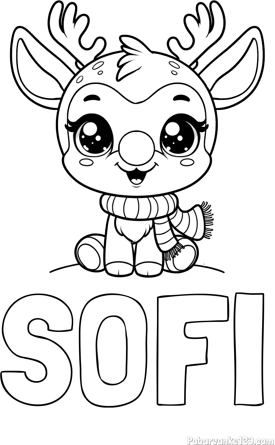 Pobarvanka imena SOFI in otroška pobarvanka jelenčka Rudolfa s šalom okoli vratu