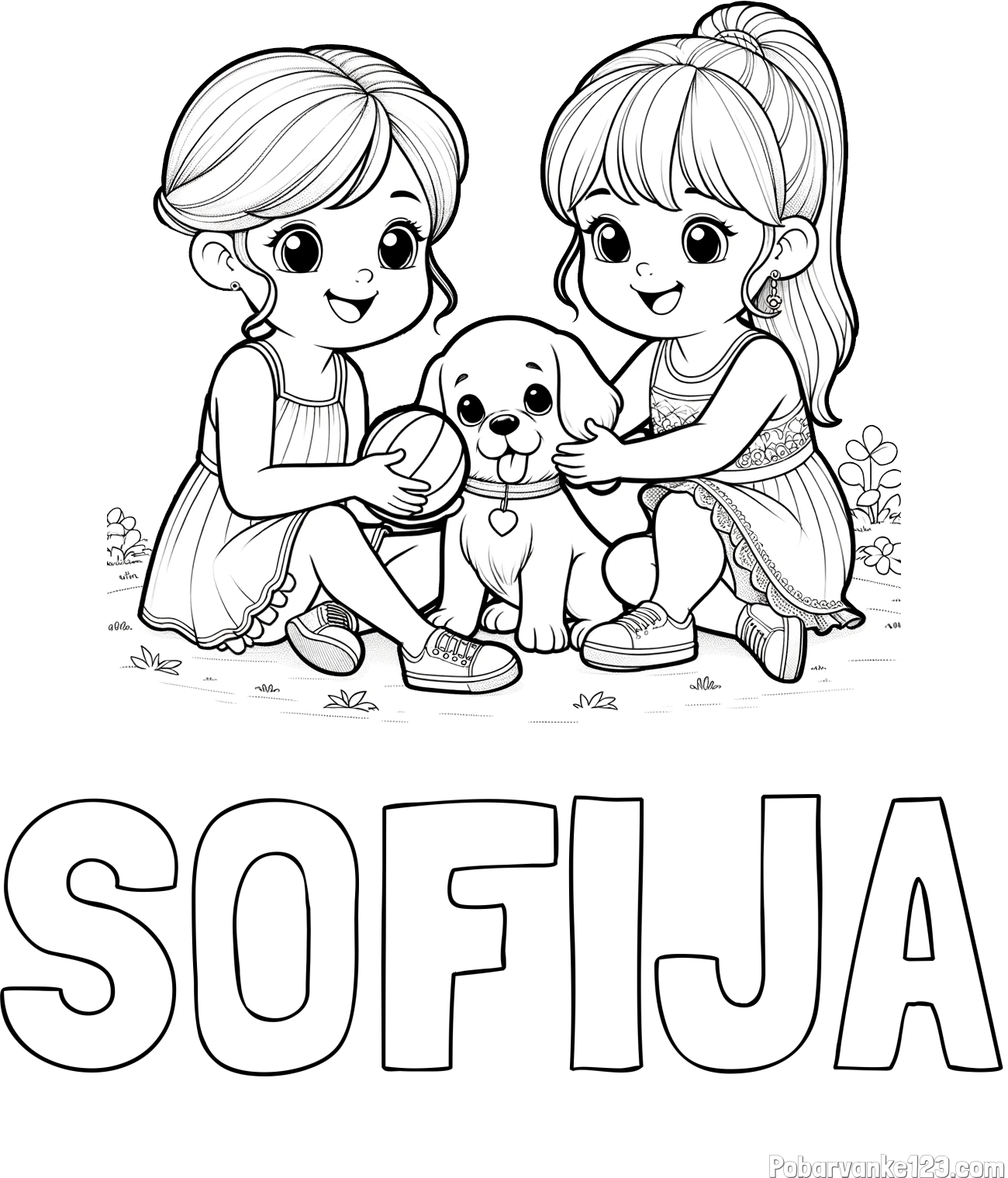 Pobarvanka imena SOFIJA in pobarvanka prijateljic s kužkom