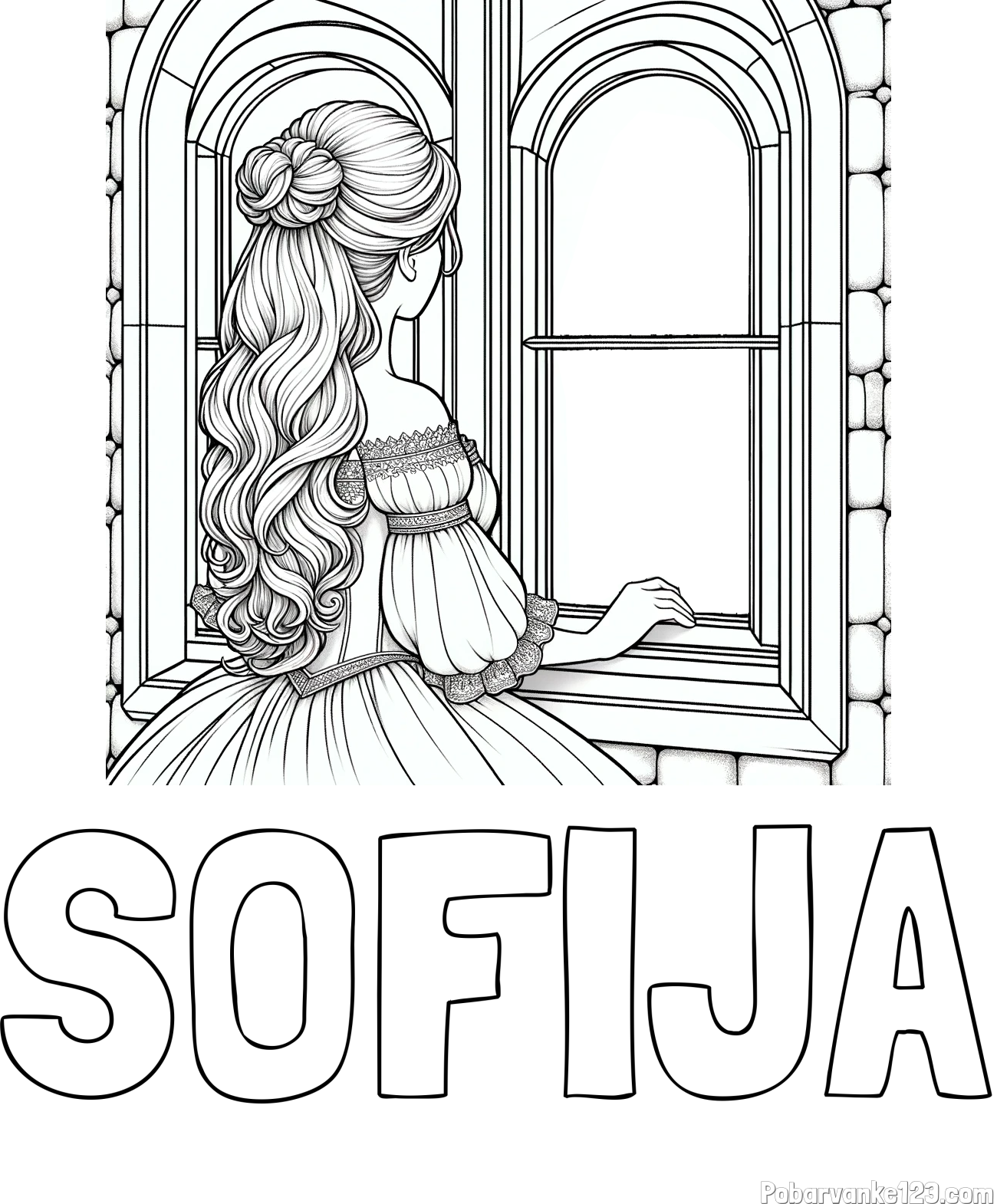 Pobarvanka imena SOFIJA in pobarvanka princese, ki gleda skozi okno