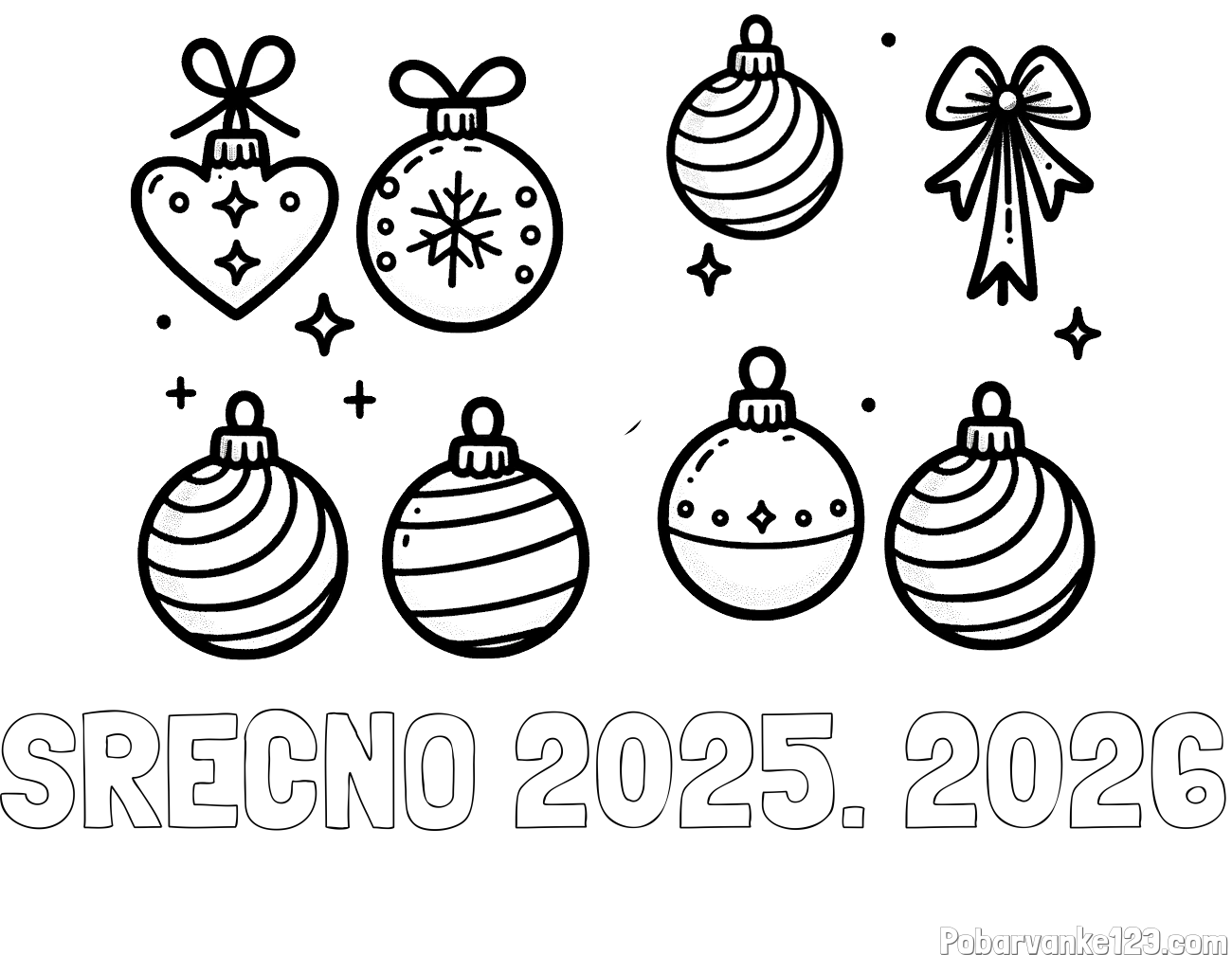 Pobarvanka imena SREČNO 2025. 2026 in pobarvanka božičnih okraskov za na smrečico