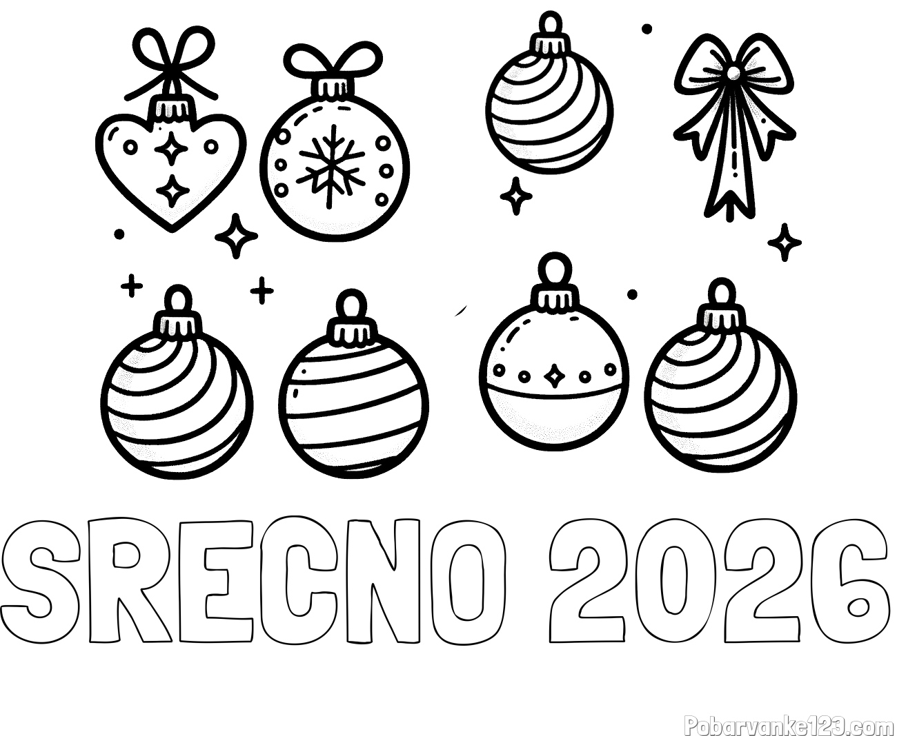 Pobarvanka imena SRECNO 2026 in pobarvanka božičnih okraskov za na smrečico