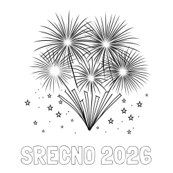 Pobarvanka imena SREČNO 2026 in pobarvanka velikega ognjemeta z zvezdicami