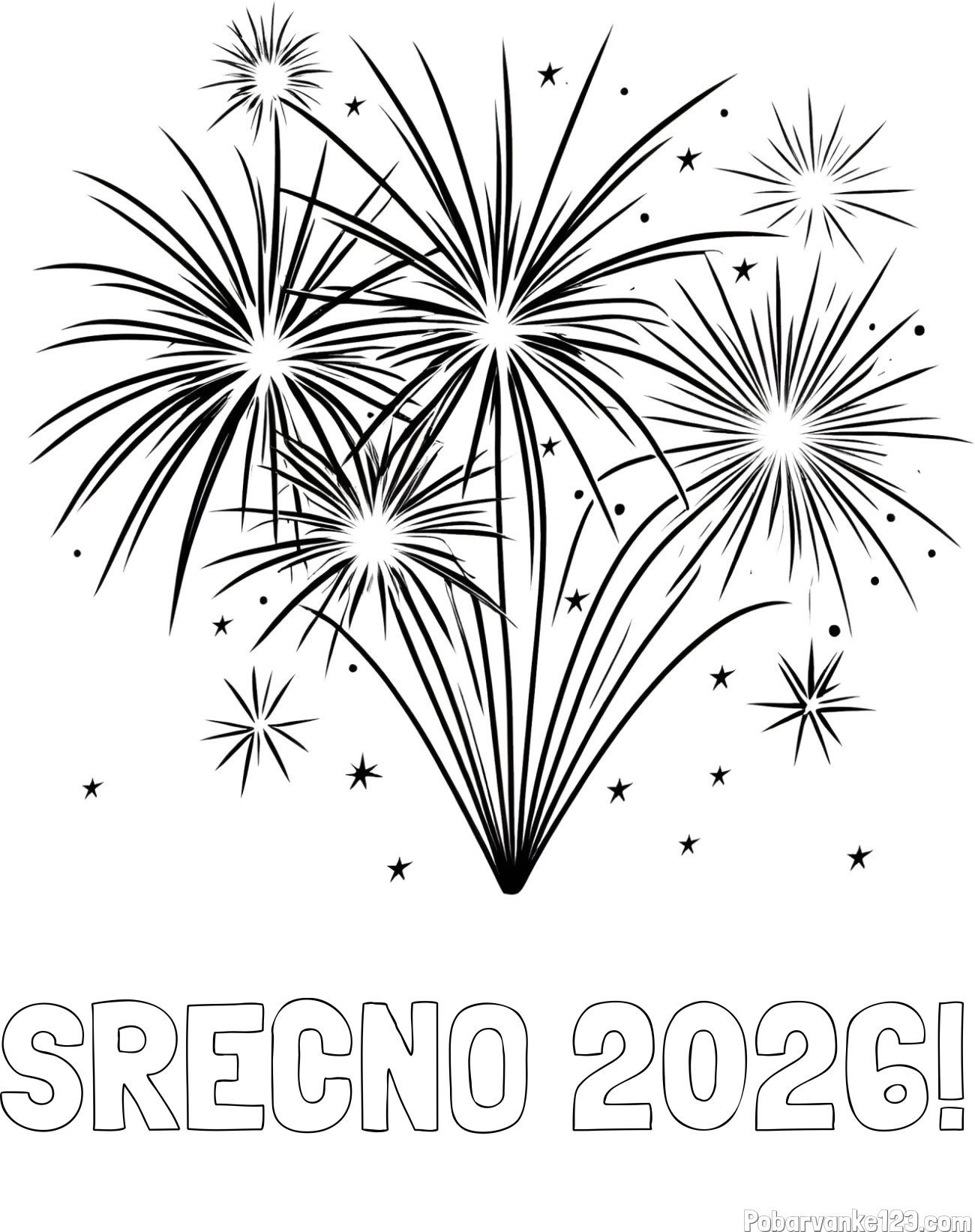 Pobarvanka imena SREČNO 2026! in pobarvanke velikega ognjemeta