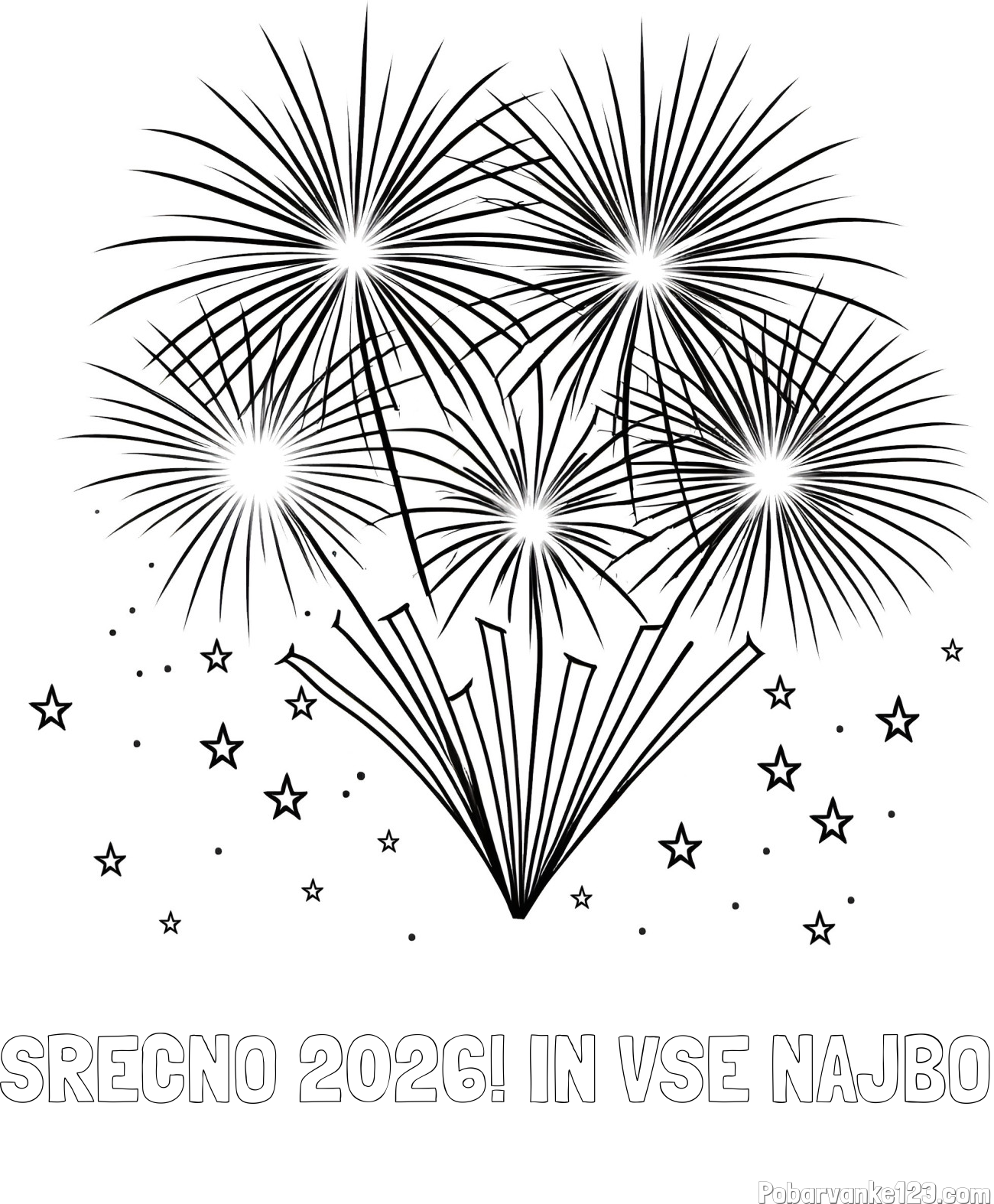 Pobarvanka imena SREČNO 2026! IN VSE NAJBO in pobarvanka velikega ognjemeta z zvezdicami