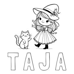 Online izdelana pobarvanka - Pobarvanka imena T A J A in pobarvanka ljubke čarovnice ter podrednega mačka