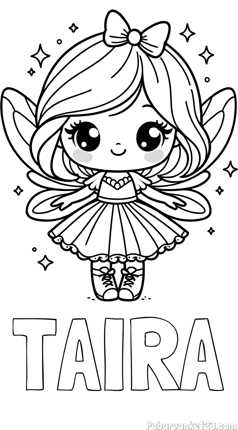 Pobarvanka imena TAIRA in pobarvanka čarobne vile z ljubkim obrazom