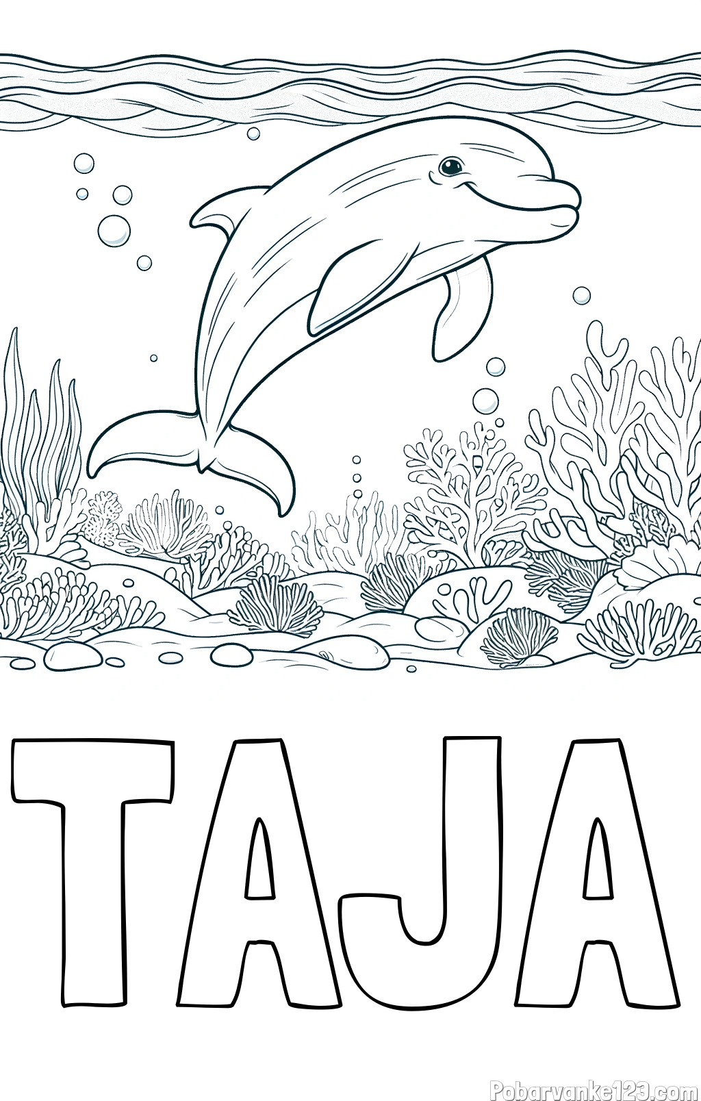Pobarvanka imena TAJA in pobarvanka ljubkega delfina med plavanjem v morju