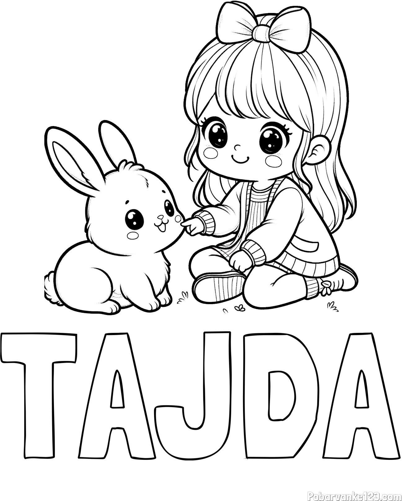 Pobarvanka imena TAJDA in pobarvanka ljubke punčke, ki se igra z zajčkom