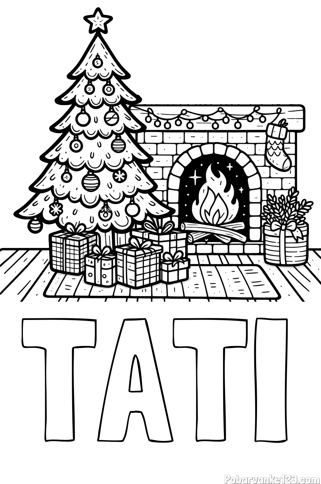 Pobarvanka imena TATI in pobarvanka božične noči z božično smrečico, darili ter kaminom