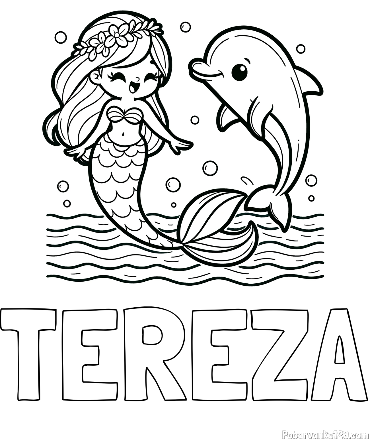 Pobarvanka imena TEREZA in pobarvanka ljubke morske deklice, ki pleše z delfinom