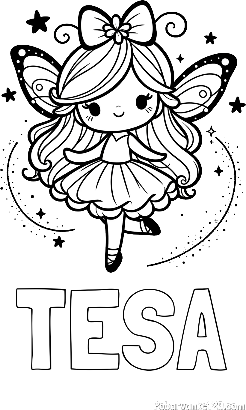 Pobarvanka imena TESA in ljubka čarobna vila