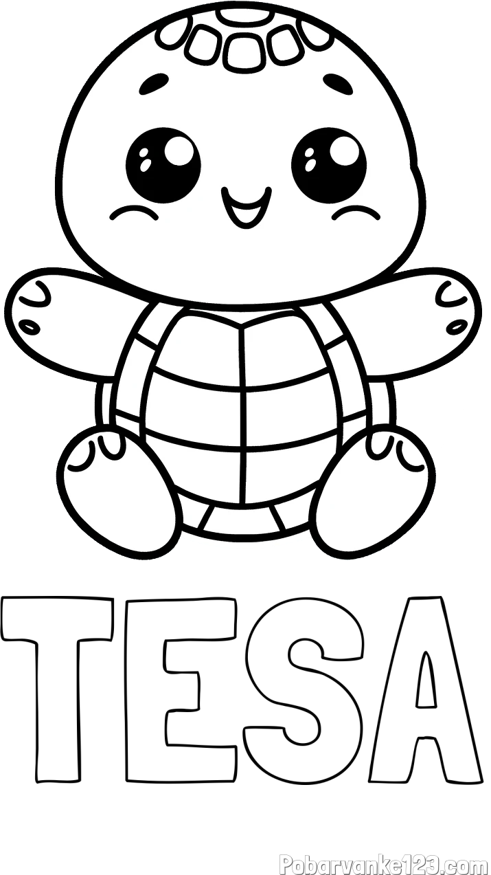 Pobarvanka imena TESA in otroška pobarvanka ljubke in nasmejane želvice