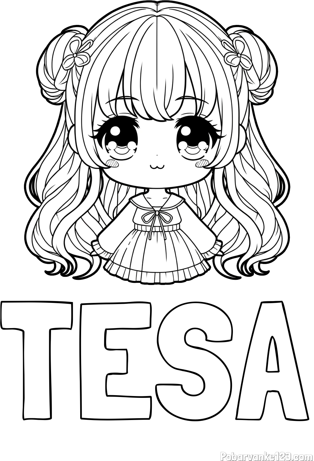 Pobarvanka imena TESA in pobarvanka prikupne punčke v anime slogu