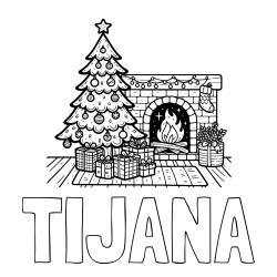 Online izdelana pobarvanka - Pobarvanka imena TIJANA in pobarvanka božične noči z božično smrečico, darili ter kaminom