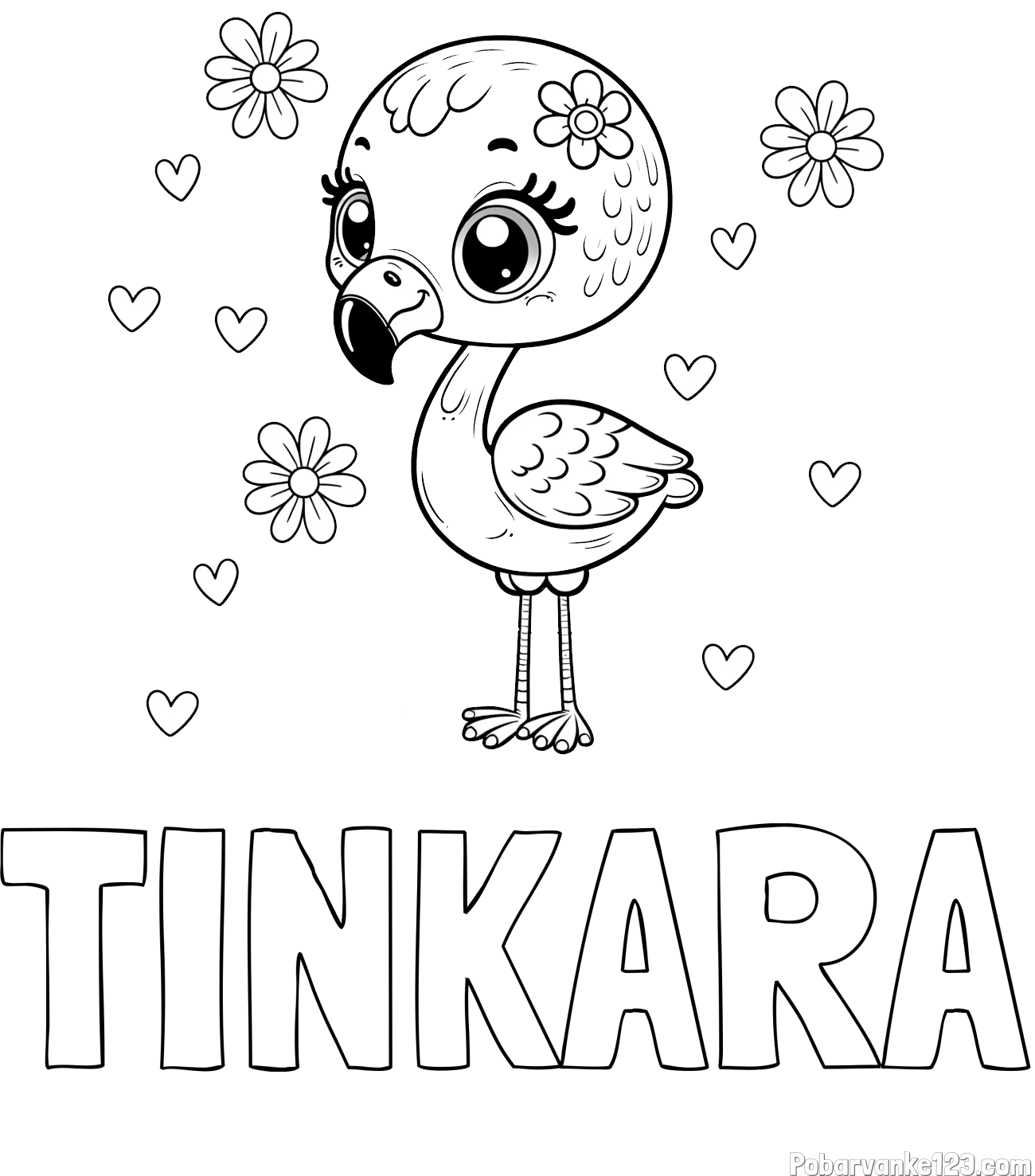 Pobarvanka imena TINKARA in pobarvanka mladička flaminga z rožicami in srčki