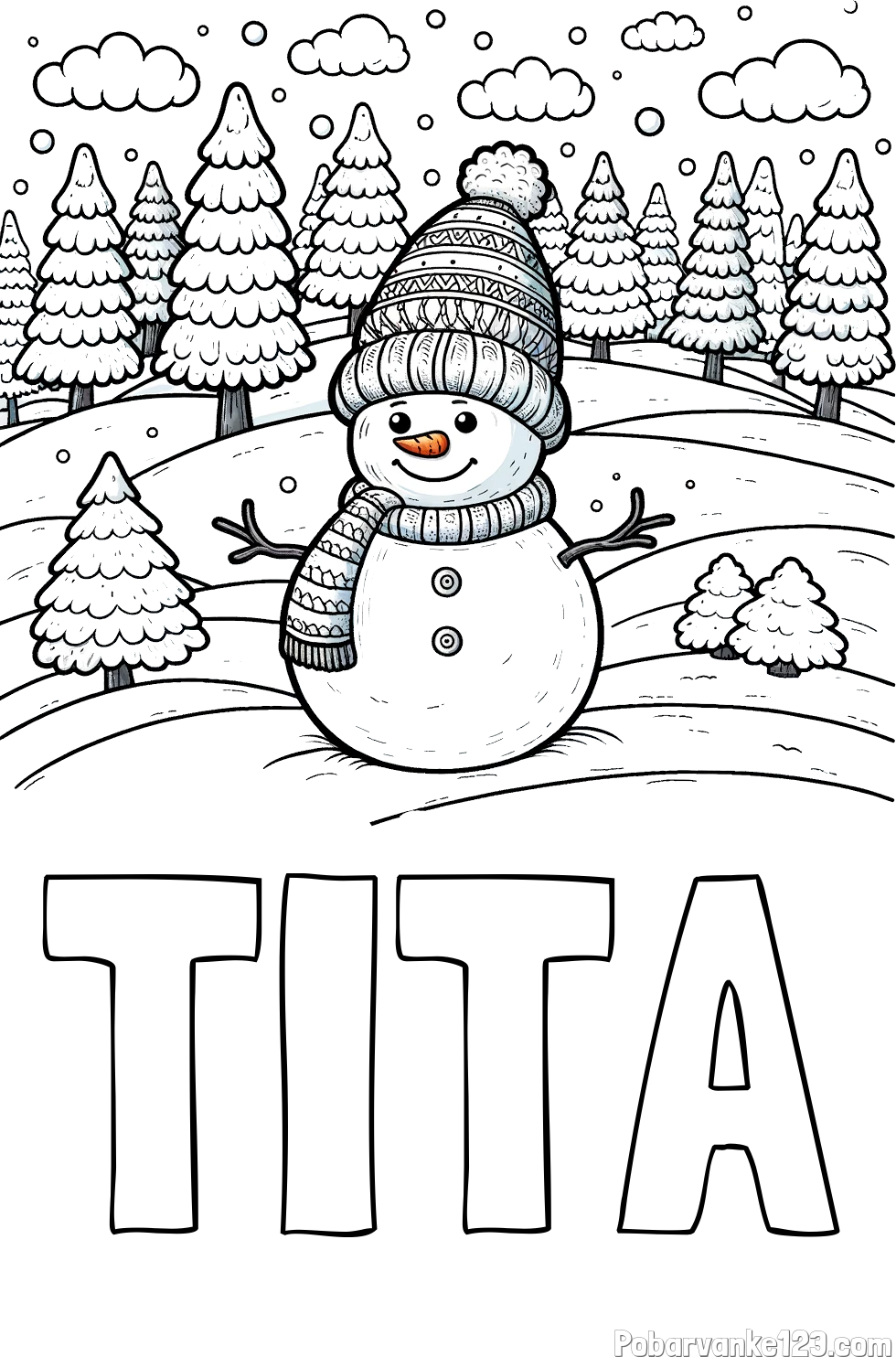 Pobarvanka imena TITA in pobarvanka snežaka v naravi obdanega z zasneženimi smrekami