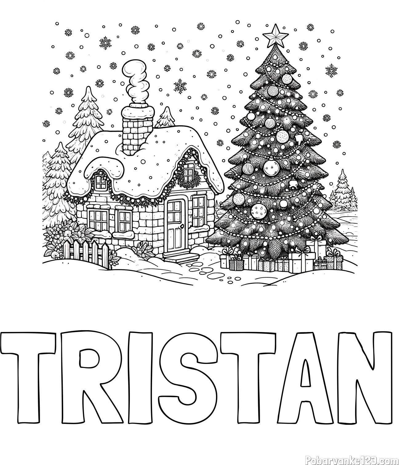 Pobarvanka imena TRISTAN in pobarvanka zasnežene hiške na božično noč