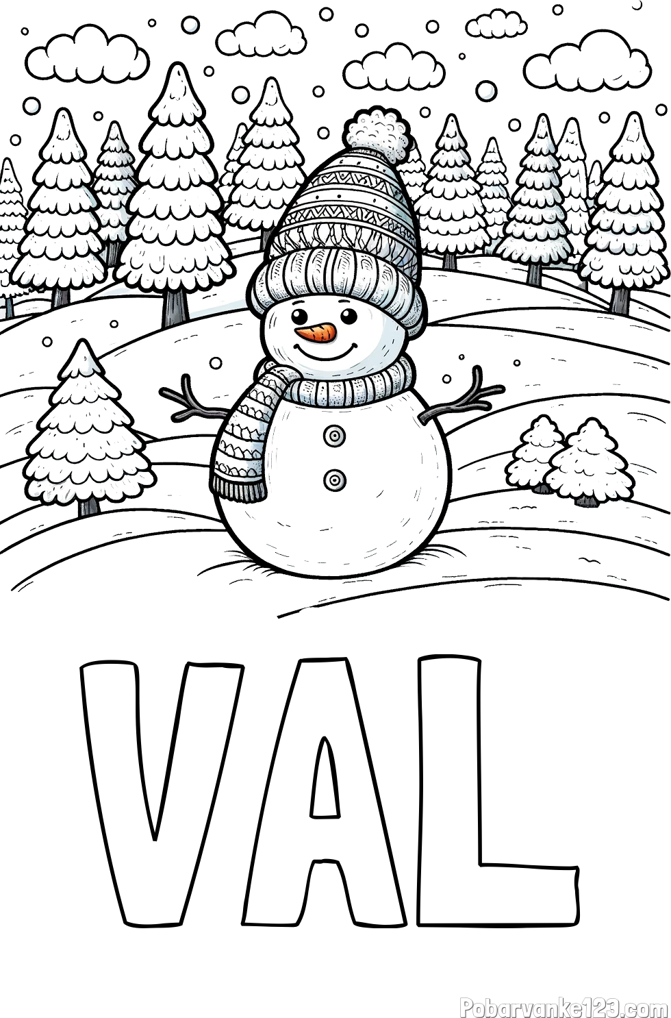 Pobarvanka imena VAL in pobarvanka snežaka v naravi obdanega z zasneženimi smrekami
