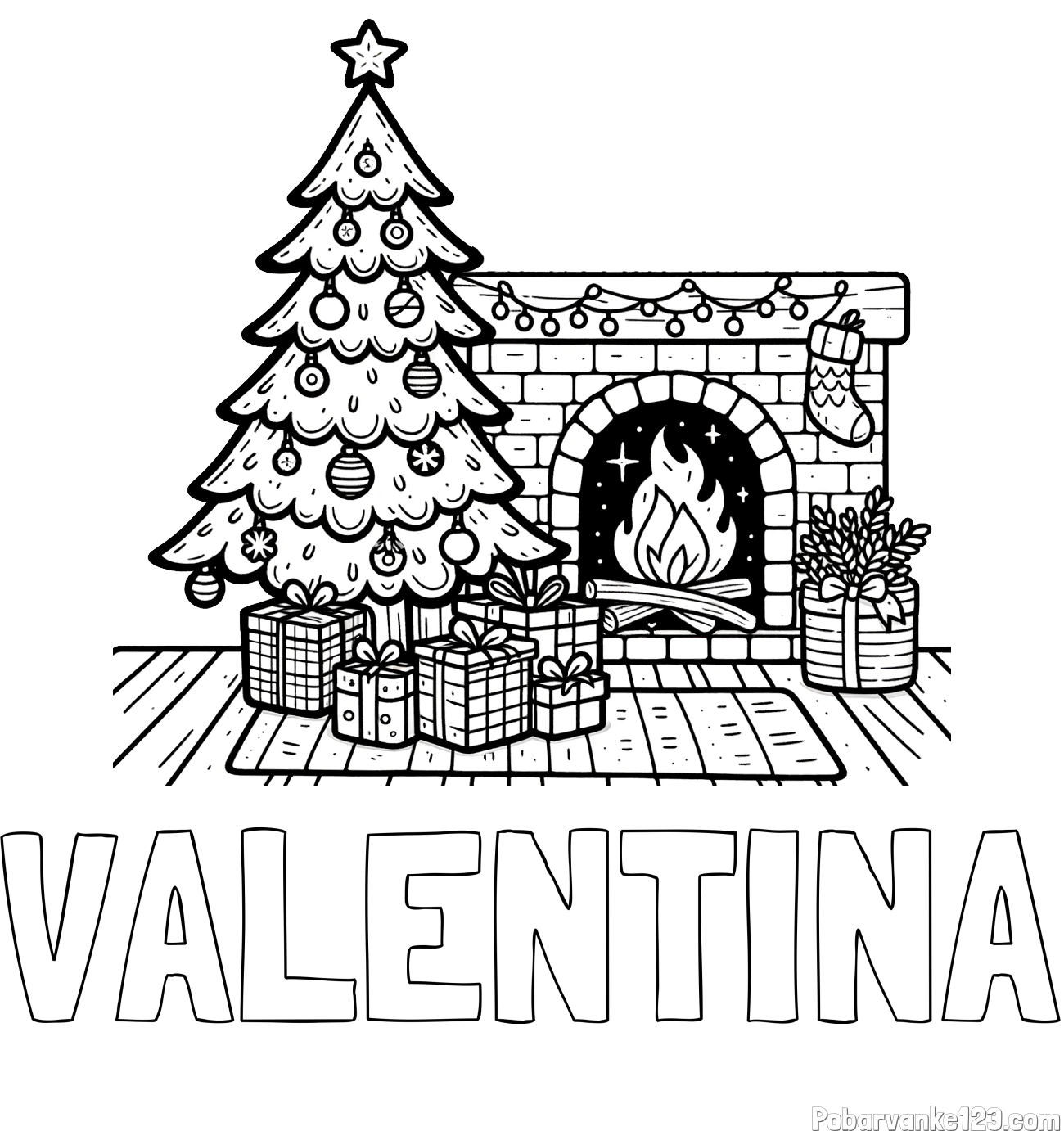 Pobarvanka imena VALENTINA in pobarvanka božične noči z božično smrečico, darili ter kaminom