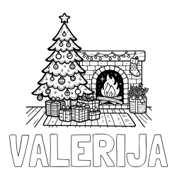Online izdelana pobarvanka - Pobarvanka imena VALERIJA in pobarvanka božične noči z božično smrečico, darili ter kaminom