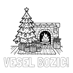 Online izdelana pobarvanka - Pobarvanka imena VESEL BOZIC! in pobarvanka božične noči z božično smrečico, darili ter kaminom
