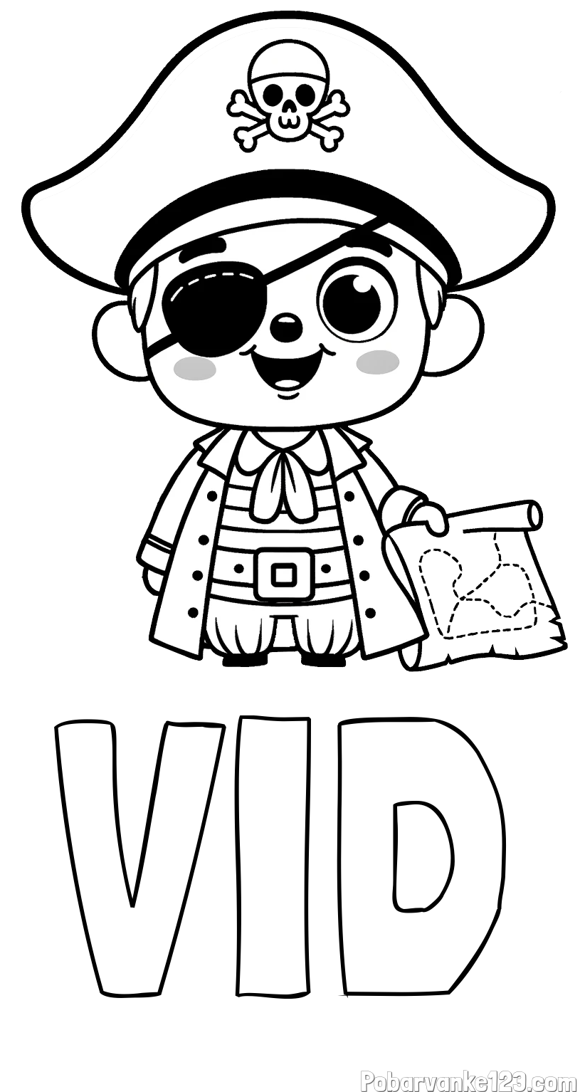 Pobarvanka imena VID in otroška pobarvanka ljubkega gusarja z zemljevidom