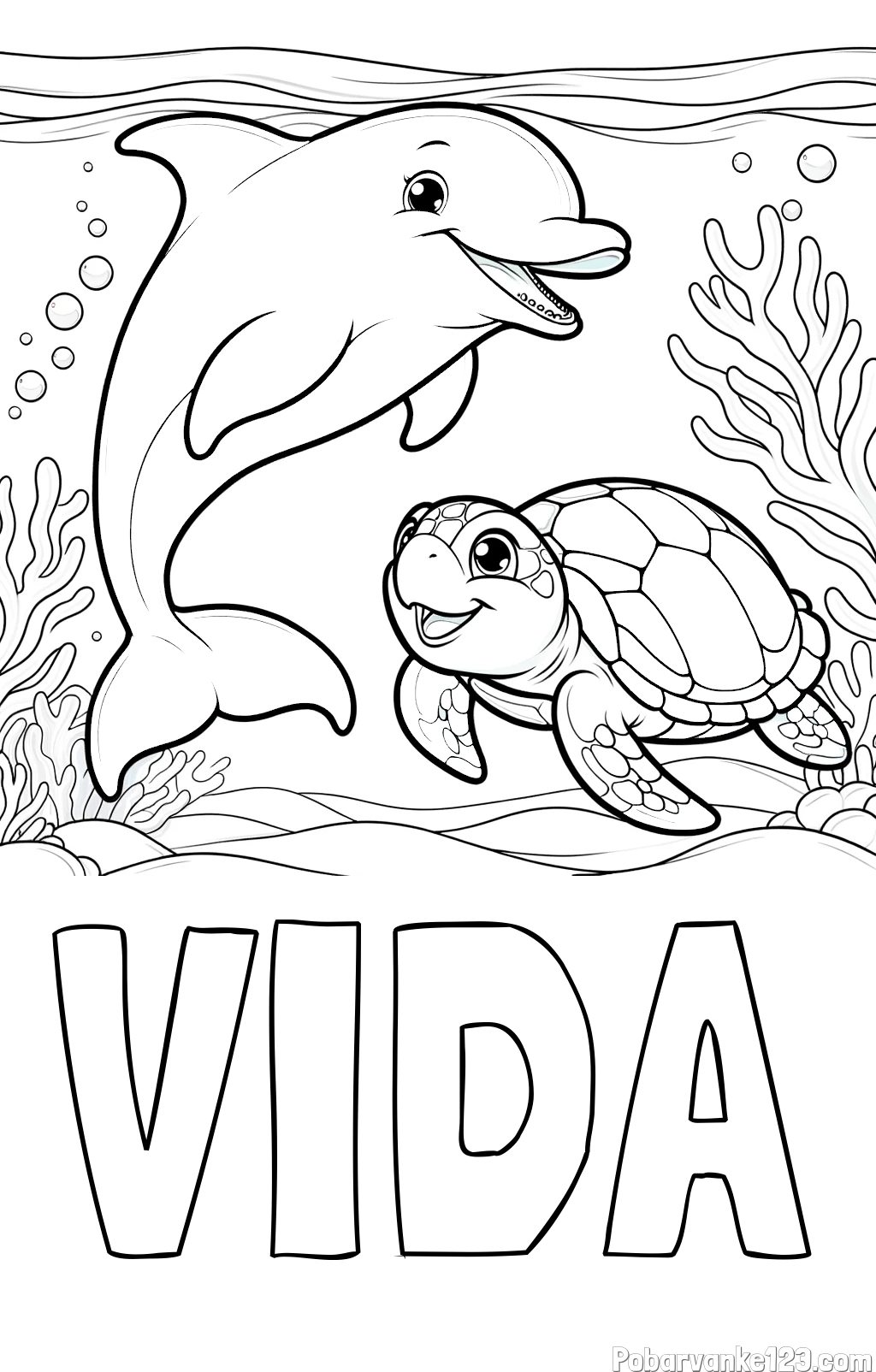 Pobarvanka imena VIDA in pobarvanka ljubkega delfina z želvo v morju