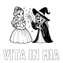 Online izdelana pobarvanka - Pobarvanka imena VITA IN MIA in pobarvanka zlobne čarovnice, ki poskuša začarati princesko