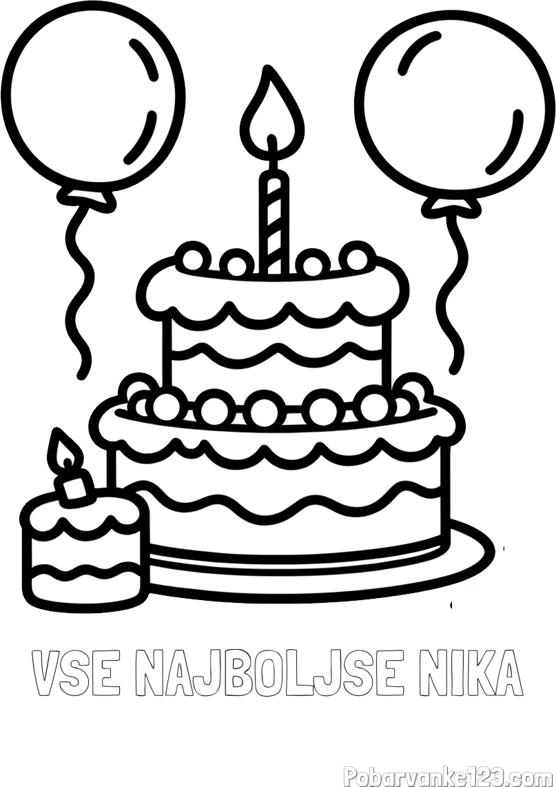 Pobarvanka imena VSE NAJBOLJŠE NIKA in pobarvanka velike rojstnodnevne torte